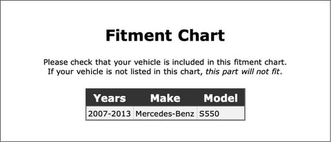 Fitment chart showing Mercedes-Benz S550 compatibility for years 2007–2013.