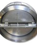 Super Rugged Six Inch 316 Stainless Steel Dual Plate Wafer Check Valve Built Different With A Buna Resilient Seat And Smooth PTFE Bearings for heavy duty air piping, viewed from above.