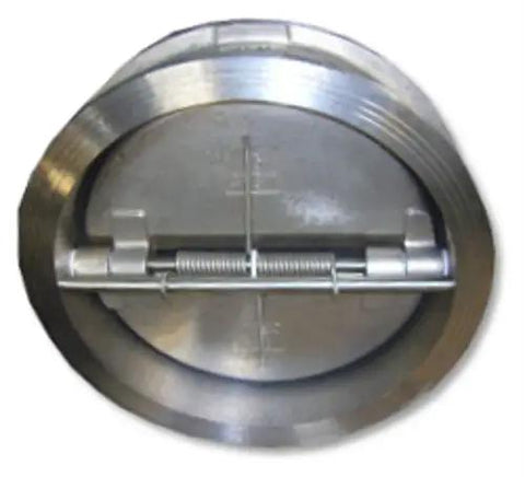Super Rugged Six Inch 316 Stainless Steel Dual Plate Wafer Check Valve Built Different With A Buna Resilient Seat And Smooth PTFE Bearings for heavy duty air piping, viewed from above.