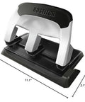 Front view of EZ Squeeze Heavy Duty 3 Hole Punch With 40 Sheet Capacity, all metal build, dimensions 11.1 x 3.1 x 7.4 inches.