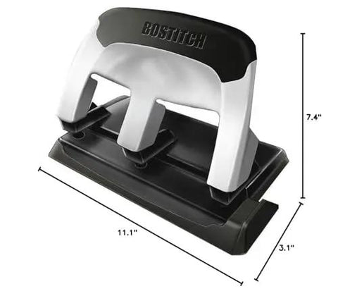 Front view of EZ Squeeze Heavy Duty 3 Hole Punch With 40 Sheet Capacity, all metal build, dimensions 11.1 x 3.1 x 7.4 inches.