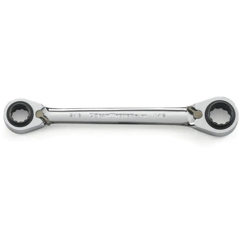 QuadBox 12 Point Reversible Ratcheting Wrench All In One Tool With Nine Sixteenths By Five Eighths Inch Sizes, chrome finish wrench