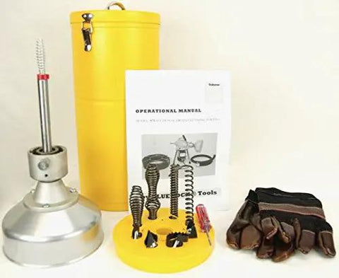 Badass Sectional Drain Cleaner Half Horsepower Motor tools, operational manual, gloves, and accessories for clog removal.