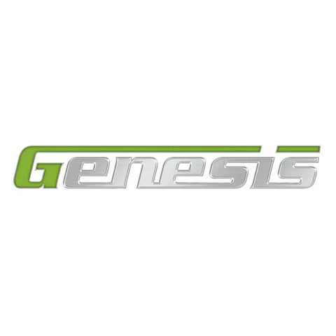 Logo of Genesis brand featuring a sleek design in silver and green color on a white background.