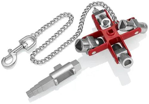 Universal Construction Control Cabinet Key with chain and magnetic support for profile cylinder locks and square drive tools.