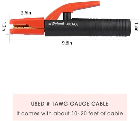 500 Amp Heavy Duty Welding Electrode Holder With Firm Grooved Jaw Grip For Five Eighths To Seven Sixteenths Inch Electrodes Brass Construction Uses Number One AWG Cable For Ten To Twenty Feet Lead Arc Welder Projects And True American Design showing side view with measurements