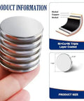 Heavy Duty Neodymium Disc Magnets 6 Pack With Double Sided Adhesive Backing Smooth Rust Resistant Coating displayed in hand.