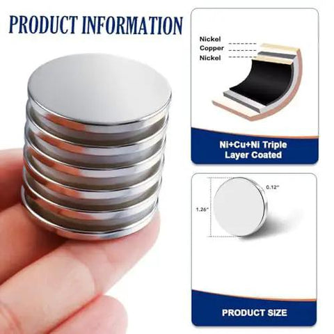 Heavy Duty Neodymium Disc Magnets 6 Pack With Double Sided Adhesive Backing Smooth Rust Resistant Coating displayed in hand.