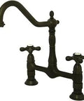 Heritage Bridge Kitchen Faucet In Oil Rubbed Bronze Built To Last With Solid Brass Construction No Drip Ceramic Disc Cartridge shown angled