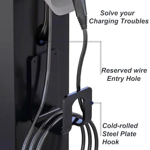 Close-up of Heavy Duty Outdoor EV Charger Pedestal with cable management features, showing wire entry hole and steel plate hook.