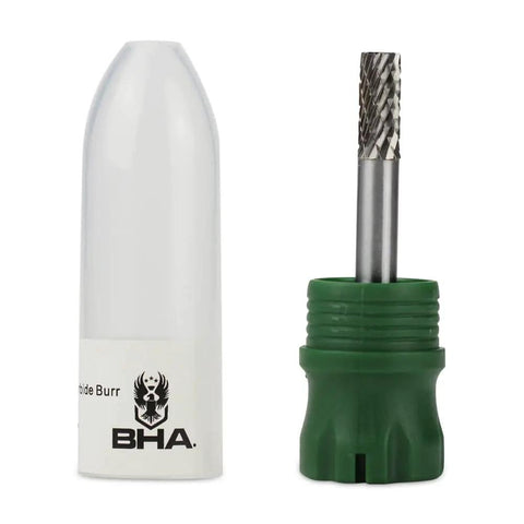Cylinder End Tungsten Carbide Burr for Die Grinder Rotary Tool Double Cut with One Quarter Inch Shank and One Quarter Inch Cut Diameter Five Eighths Inch Length Great for Metal Contouring and Deburring with Five Axis CNC Flutes alongside green holder