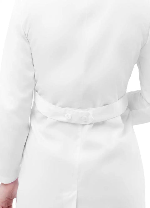 Back view of Women Belted Lab Coat 33 Inch White Size M with adjustable midriff belt and princess seam detailing.
