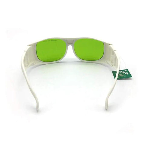 Top Notch Nd Yag Laser Safety Glasses 1064Nm Optic Eyewear with OD Four Plus shielding, white poly frames with green lenses.