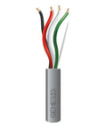 Top Notch 18 4 Stranded Riser Cable CL3R FT4 Rated Sunlight Resistant Jacket 1000 Foot Wire Spool In Gray with exposed conductors.