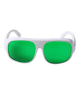 Top Shelf Red Laser Safety Glasses With Straight Up OD6 Protection And Crisp Clear Lenses Covering 620 To 700Nm For Heavy Duty Shop Use And Reliable Eye Coverage with white frame and green lenses.