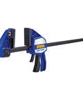 Heavy Duty One Handed Bar Clamp With Quick Change Spreader Removable Swivel Jaws And Non Marring Pads Adjustable Foot Lets It Sit Upright