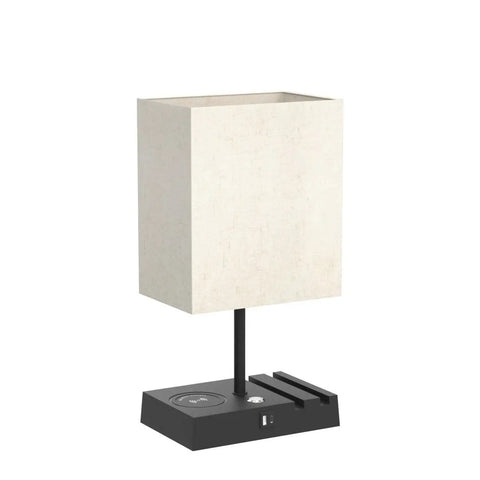 Front view of USB Table Lamp With Wireless Charging And USB C Port, 3 Way Dimmable Bedside Lamp With USB Port And AC Outlet, fabric shade