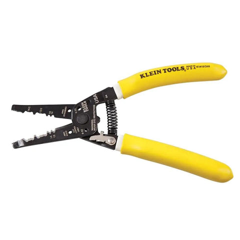 Dual NMD-90 Cable Stripper And Wire Cutter With Curved Serrated Nose, Pro Grade Tool For Quick Strips Of Canadian Romex, Strips 12-14 AWG Solid And 14-16 AWG Stranded, Cleanly Shears 6-32 And 8-32 Screws, Made In USA K1412CAN tool with yellow handles