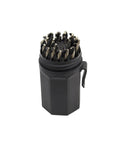 Knockout 29 Piece Drill Bit Set Featuring Jobber Length 135 Degree Split Point Tips With Black And Gold Titanium Coating in storage case.