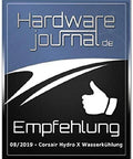 Hardwarejournal.de Empfehlung badge in blue with a white thumbs-up, endorsing Corsair Hydro X water cooling.