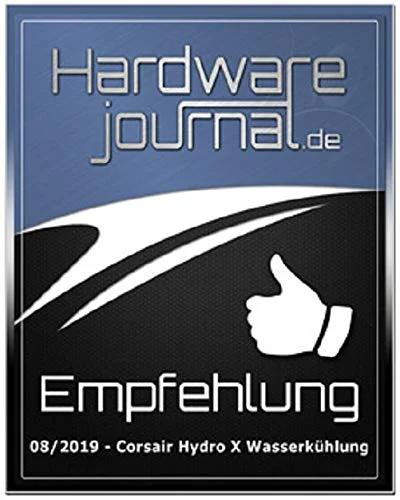 Hardwarejournal.de Empfehlung badge in blue with a white thumbs-up, endorsing Corsair Hydro X water cooling.