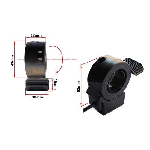 Thumb Throttle For Ebike Left Or Right Hand 5 Pin Electric Bicycle Accelerator With 0.8V 4.2V Output PC ABS Replacement Part RoHS Certified Slick Speed Control For DIY Electric Scooters And Bikes, showing dimensions and black design