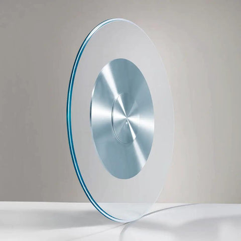 Clear Glass Rotating Tray For Dining And Decor, 360 Degree Turntable Lazy Susan, side view showing its round design and tempered glass