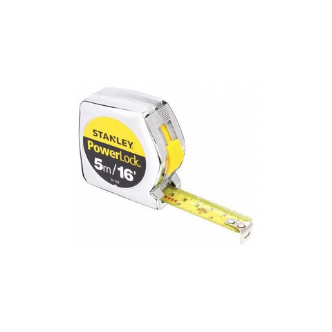 PowerLock 16-Foot Tape Measure with Tru-Zero End Hook, Chrome ABS Case, easy-read yellow blade extended, white background