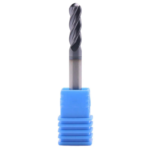Pro Grade Solid Carbide Ball Nose End Mills Set, Five Pieces, AlTiN Coated, Four Flute shown in blue holder