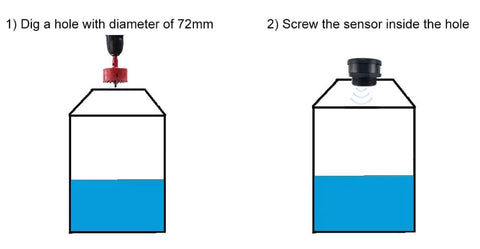 Illustration of installing a WiFi Tank Level Monitor Sensor With Ultrasonic Contactless Readings IP67 Waterproof 10Cm To 3M Range Tuya Smart Life App.