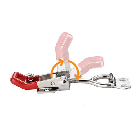 Heavy Duty 4002 Toggle Latch Clamp with Lock Hole for Quick Release, metal and red handle, side view, shows motion mechanism