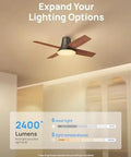44 Inch Low Profile Ceiling Fan With Led Light And Remote Six Speed Reversible Timer Whisper Quiet Bedroom Flush Mount Lighting Fixture with 2400 lumens light options.