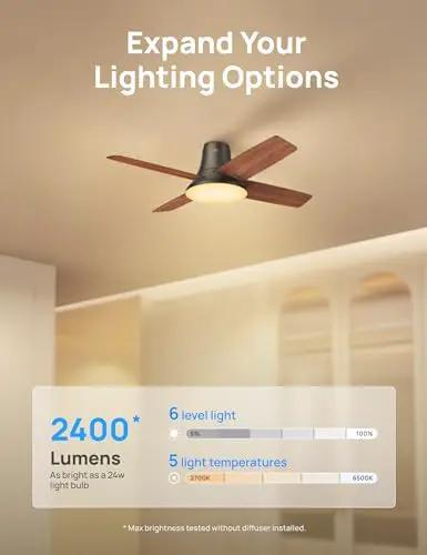 44 Inch Low Profile Ceiling Fan With Led Light And Remote Six Speed Reversible Timer Whisper Quiet Bedroom Flush Mount Lighting Fixture with 2400 lumens light options.