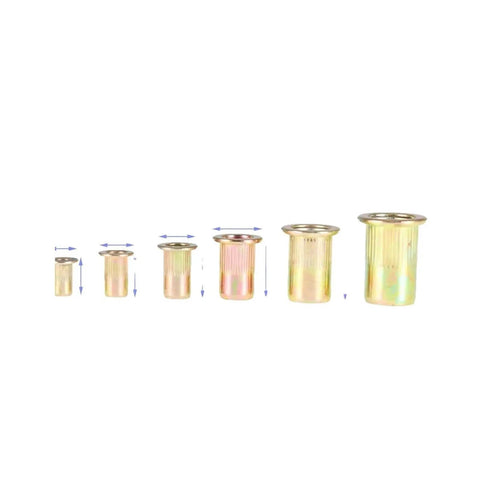 The Ultimate 900 Piece Rivet Nut Setter Gun Kit With Heavy Duty Thread Setting Tool For Easy Rivnut Installation And Fastener Repair Jobs That Are Totally Rad And Super Durable. Assorted gold rivet nuts in six sizes