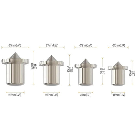Pro Grade Dowel Pin Center Point Set 8 Piece Transfer Plugs For Woodworking in various sizes with dimensions shown