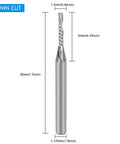 Down Cut Single Flute O Flute CNC Router Bit Set For Acrylic PVC MDF Wood With One Eighth Inch Cutting Diameter And One Sixteenth Inch Cutting Length Pack Of Five showing dimensions.
