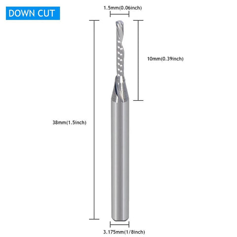 Down Cut Single Flute O Flute CNC Router Bit Set For Acrylic PVC MDF Wood With One Eighth Inch Cutting Diameter And One Sixteenth Inch Cutting Length Pack Of Five showing dimensions.