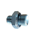 Hydraulic hose fitting adapter 14H to 18ED with hex nut, silver metal.
