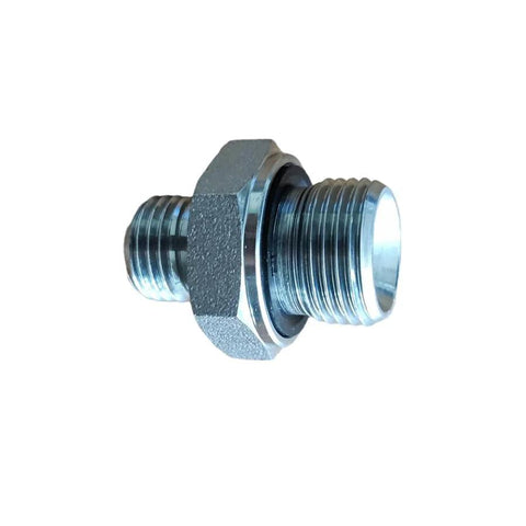 Hydraulic hose fitting adapter 14H to 18ED with hex nut, silver metal.