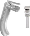 Cascade Vessel Faucet Set With Single Lever Waterfall Flow Sleek Brushed Nickel Finish Solid Brass Construction Pop Up Drain Deck Mount High Pressure Ceramic Cartridge Easy Install
