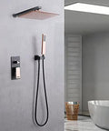 Heavy Duty Wall Mounted Shower System With 10 Inch Square Rainfall Head And Smooth Handheld Combo Set In Matte Black.