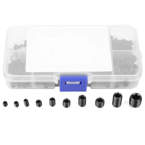 Beefy Socket Head Hex Grub Screw Set Assortment Kit 12.9 Grade Stainless DIN 916 Metric Sizes M3 to M8 Heavy Duty Fasteners for Machinery Repair and Metalworking Great for Fixtures Handles and DIY Projects, black set screws in organizer case