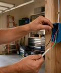 Person installing Top Tier Thhn Electrical Wire Featuring Six Awg White Black And Red Combined With Eight Awg Green Ground Stranded Copper Build Ul Certified For Rapid Shop Fixes Boss Level 25 Foot Spool Ready into a blue electrical box.