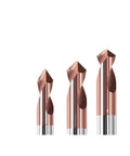 Front view of three rose-gold carbide spot drill bits with silver shanks, 60°, 90°, 120° tips.
