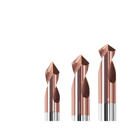 Front view of three rose-gold carbide spot drill bits with silver shanks, 60°, 90°, 120° tips.