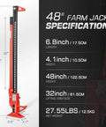 48-inch farm jack with red and black steel frame, 3-ton capacity for cars, trucks and tractors