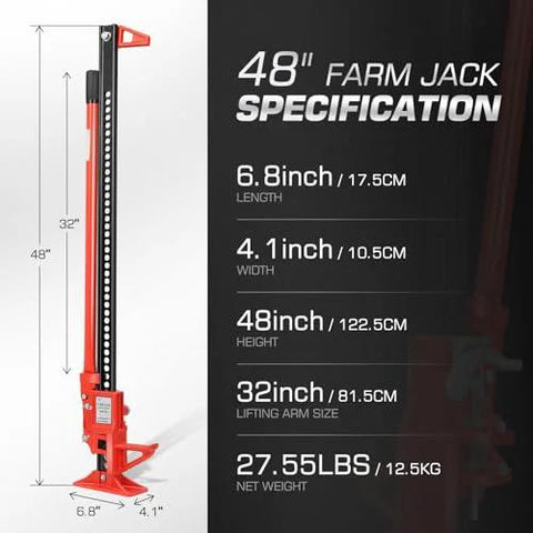 48-inch farm jack with red and black steel frame, 3-ton capacity for cars, trucks and tractors