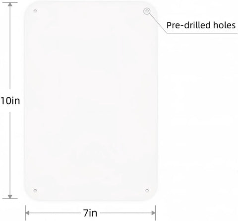 Top Shelf Four Pack White Blank Signs Ten By Seven Inches Slick Pvc Custom Message Boards showing pre-drilled holes for easy mounting.