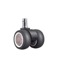 Heavy Duty Two Inch Twin Wheel Caster Set For Office Chairs Featuring Silent TPR Rubber Wheels and Quick 11 Millimeter Stem Mount, black rubber wheels.