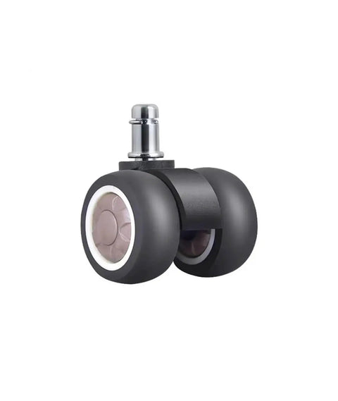 Heavy Duty Two Inch Twin Wheel Caster Set For Office Chairs Featuring Silent TPR Rubber Wheels and Quick 11 Millimeter Stem Mount, black rubber wheels.